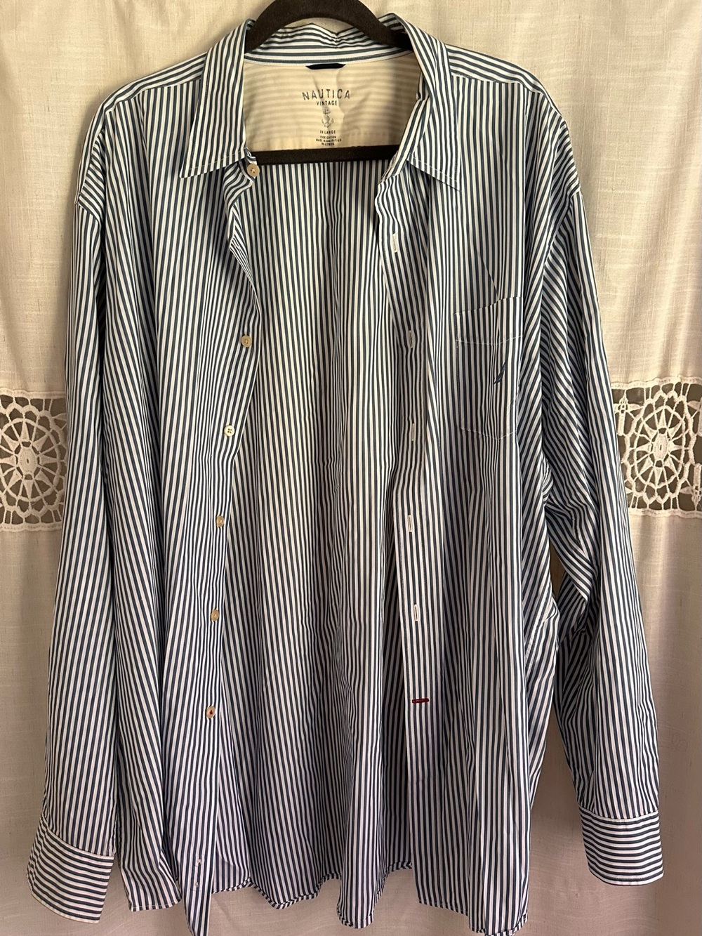 Nautica Vintage Men's Navy and White Vertical Stripe Dress Shirt
